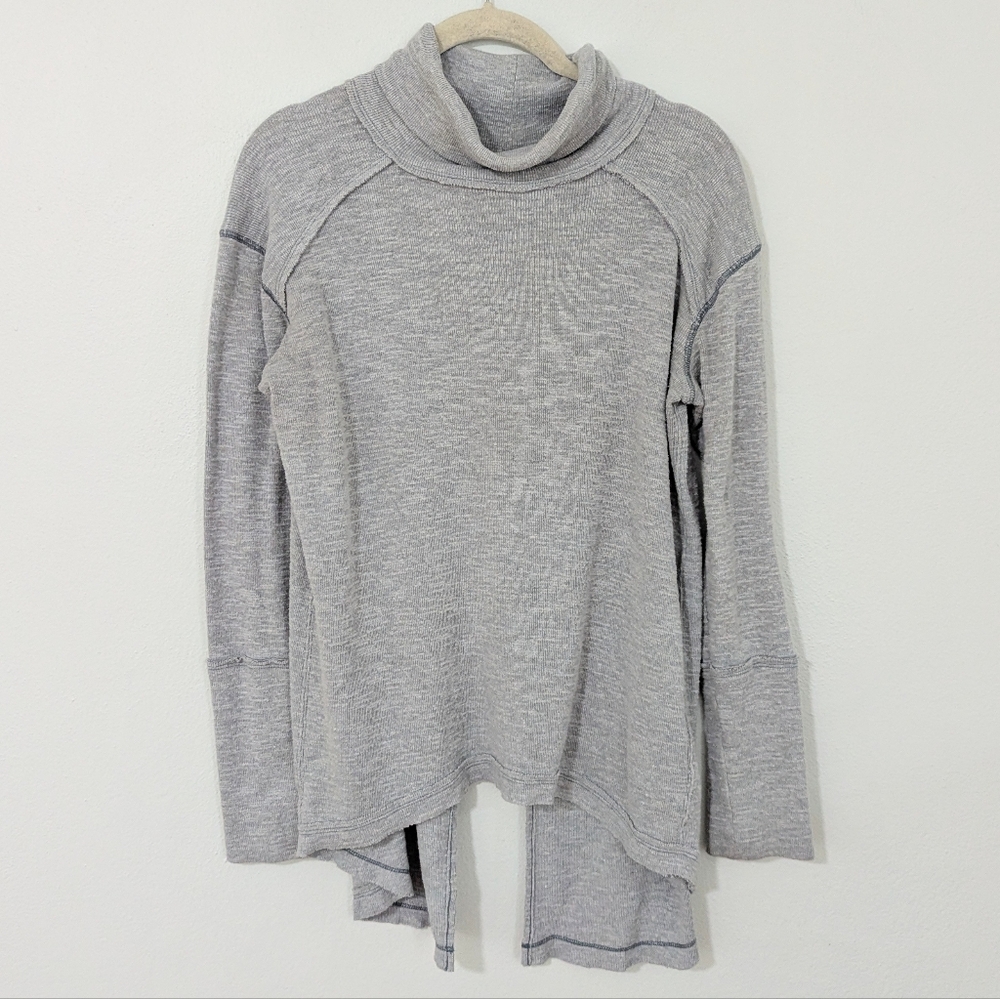 Free People Split Back Mock Neck Waffle Knit Long Sleeve Top Gray Small S
